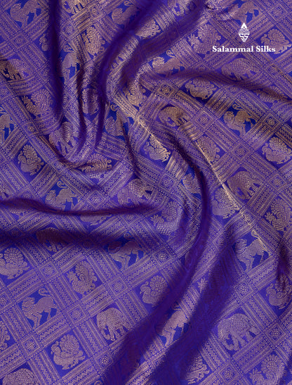 Beautiful Violet Checks Pure Kanjivaram 2G Zari Silk Saree With Contrast Sapphire Green Border