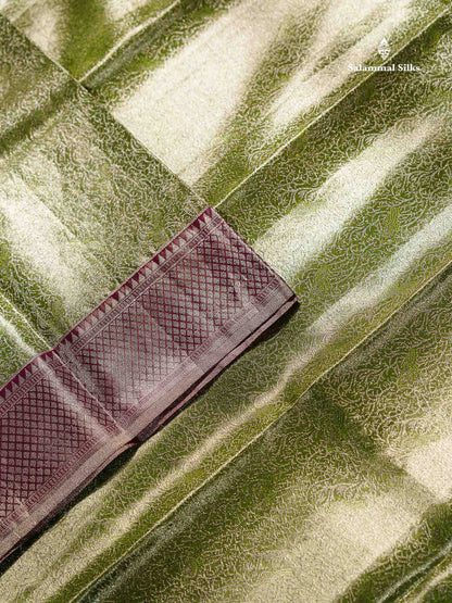 Beautiful Light Green Tissue Bridal Pure Kanjivaram Silk Saree With Contrast Light Chocolate Traditional Evening Morning Border