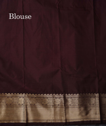 Semi Silk Saree - Mustard Yellow Butta With Vaira Oosi Lines Along With Contrast Dark Brown Traditional Border