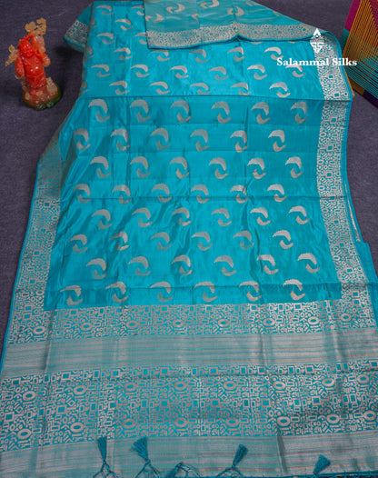 Beautiful Blue Semi Raw Silk Saree With Fancy Border