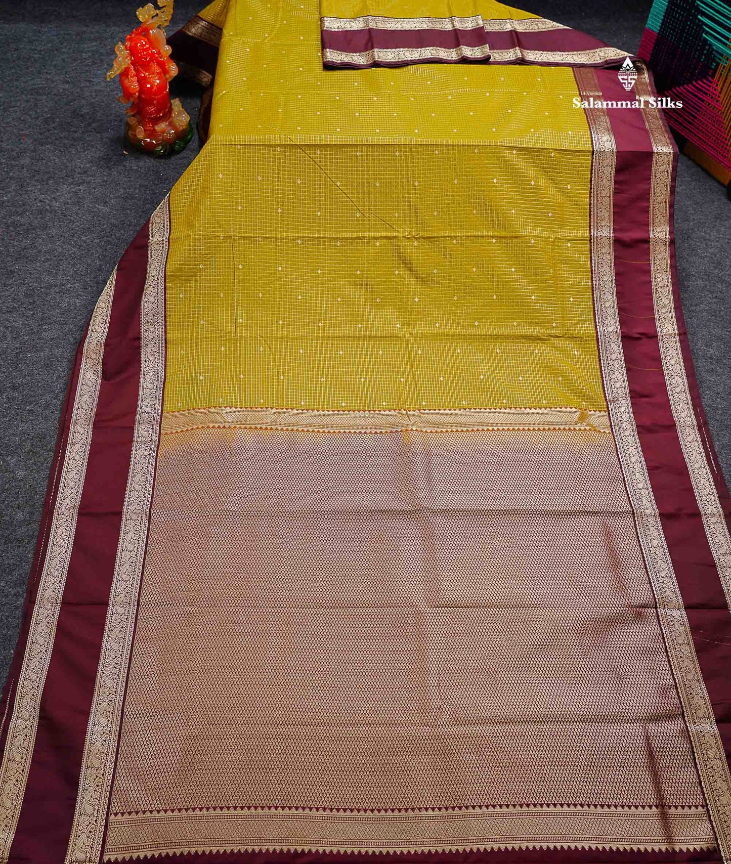 Semi Silk Saree - Mehandi Green Butta With Small Checks Along With Contrast Dark Maroon Traditional Gap Border