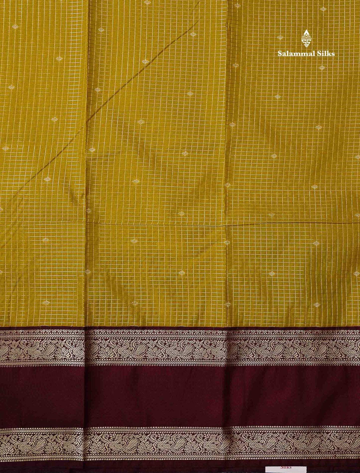 Semi Silk Saree - Mehandi Green Butta With Small Checks Along With Contrast Dark Maroon Traditional Gap Border