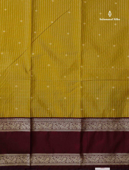 Semi Silk Saree - Mehandi Green Butta With Small Checks Along With Contrast Dark Maroon Traditional Gap Border