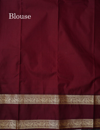 Semi Silk Saree - Mehandi Green Butta With Small Checks Along With Contrast Dark Maroon Traditional Gap Border