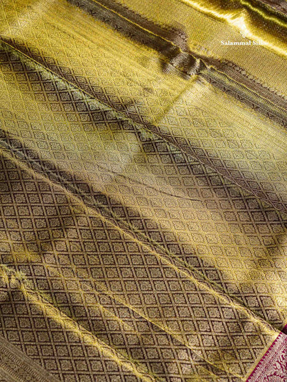 Army Green Tissue Fancy Bridal Pure Kanjivaram Silk Saree With Contrast Magenta Traditional Evening Morning Border