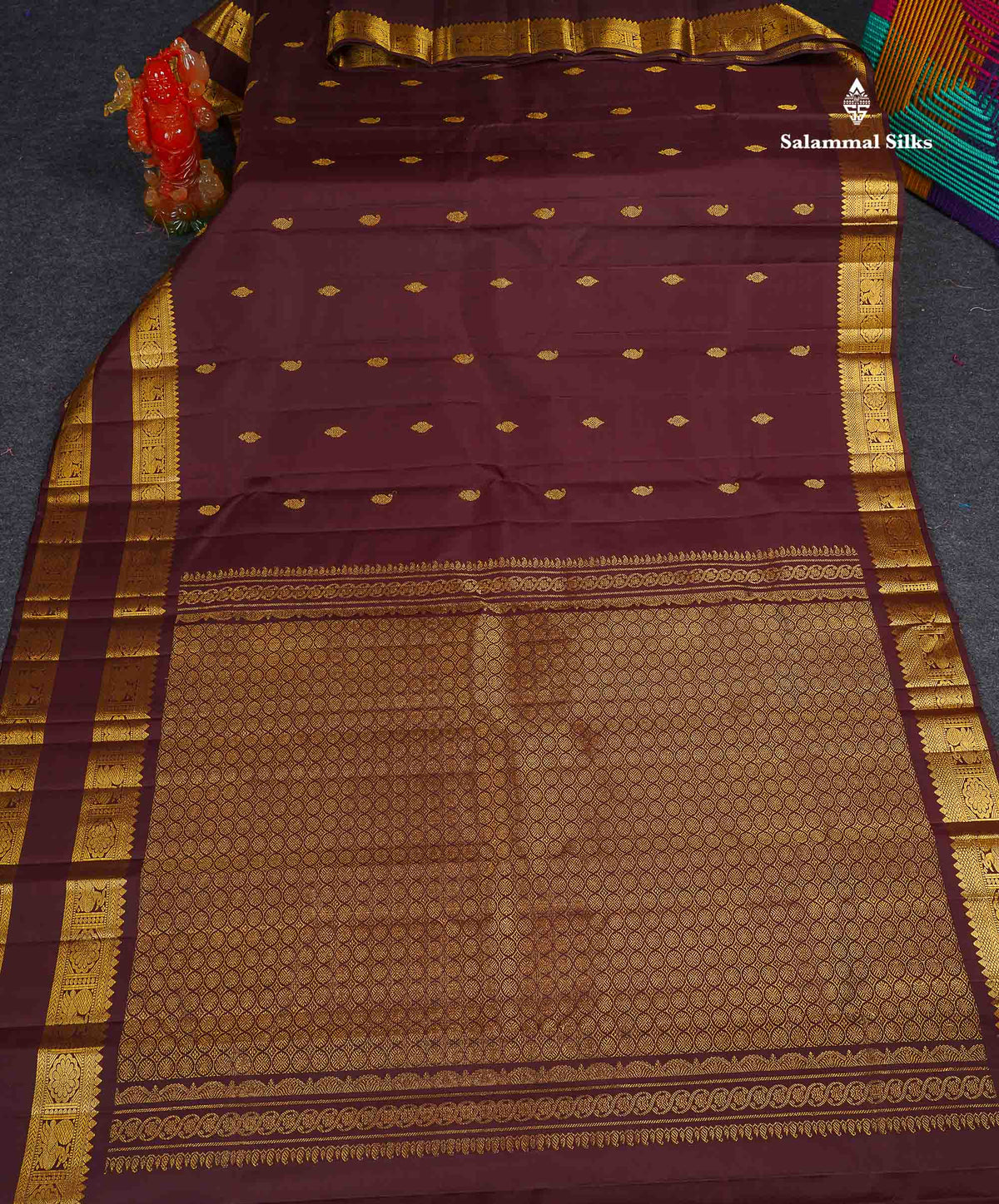 Pure Kanjivaram Silk Saree - Dark Brown Colour Body With Buttas & Traditional Gap Border 