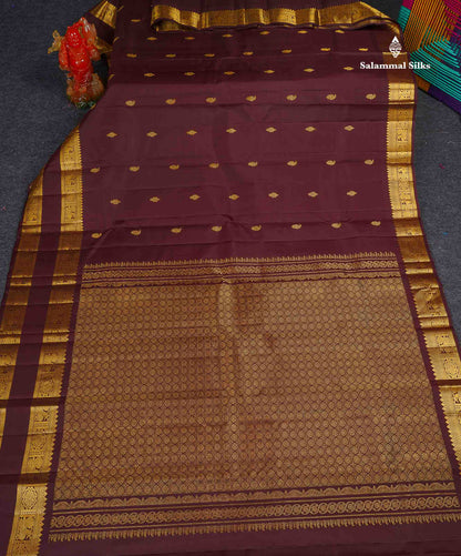 Pure Kanjivaram Silk Saree - Dark Brown Colour Body With Buttas & Traditional Gap Border 