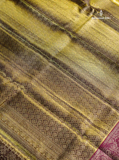 Army Green Tissue Fancy Bridal Pure Kanjivaram Silk Saree With Contrast Magenta Traditional Evening Morning Border