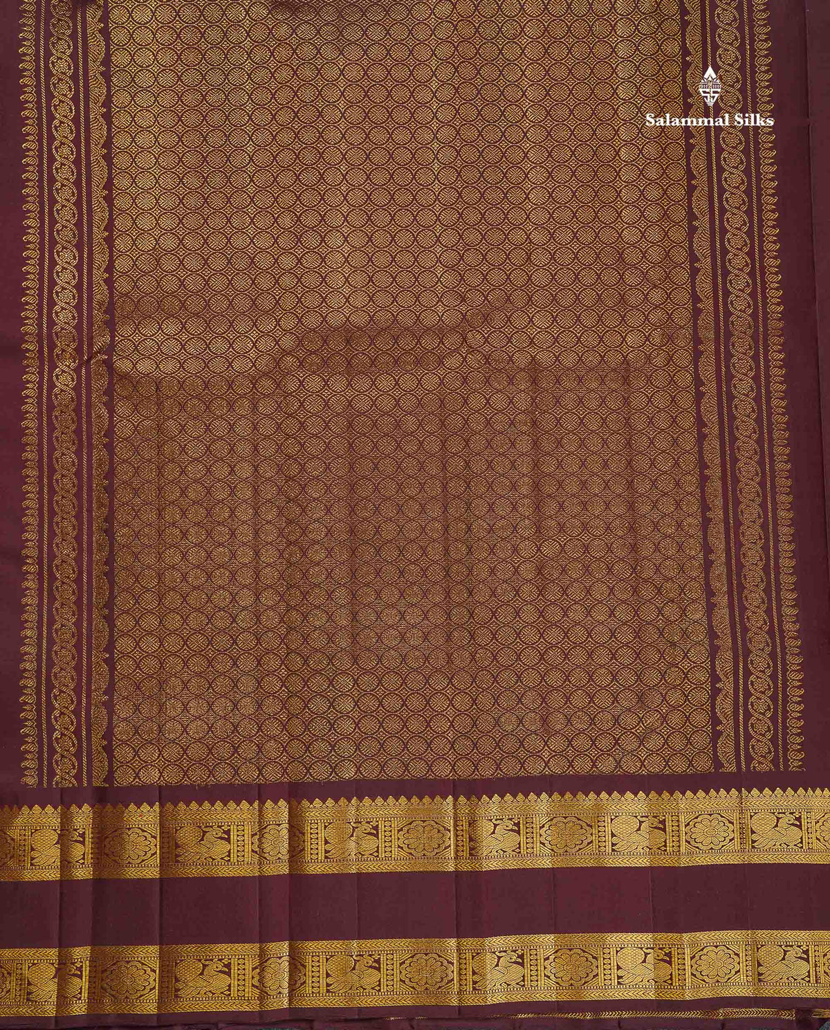 Pure Kanjivaram Silk Saree - Dark Brown Colour Body With Buttas & Traditional Gap Border