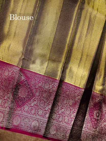Army Green Tissue Fancy Bridal Pure Kanjivaram Silk Saree With Contrast Magenta Traditional Evening Morning Border
