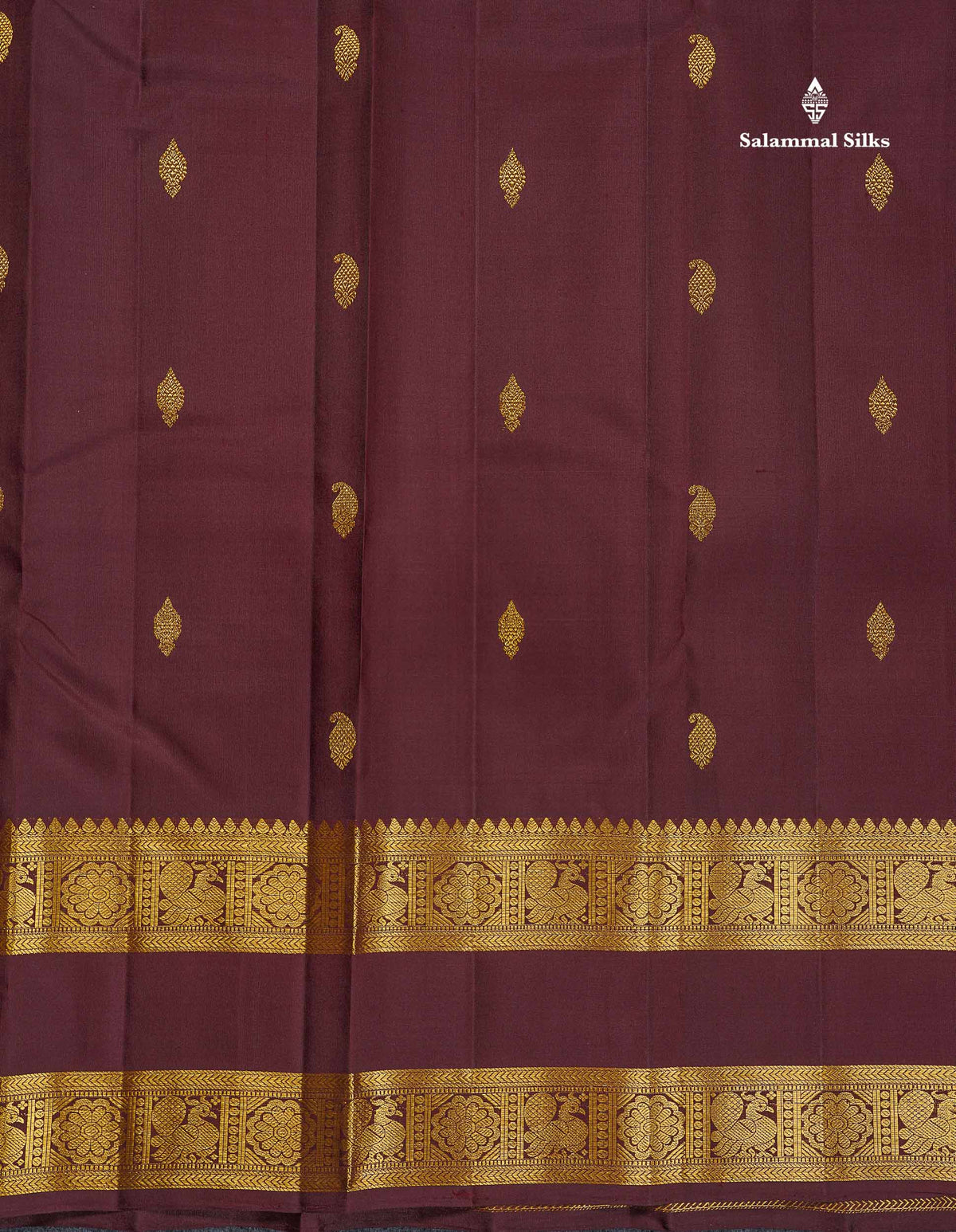 Pure Kanjivaram Silk Saree - Dark Brown Colour Body With Buttas & Traditional Gap Border