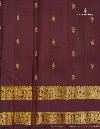 Pure Kanjivaram Silk Saree - Dark Brown Colour Body With Buttas & Traditional Gap Border