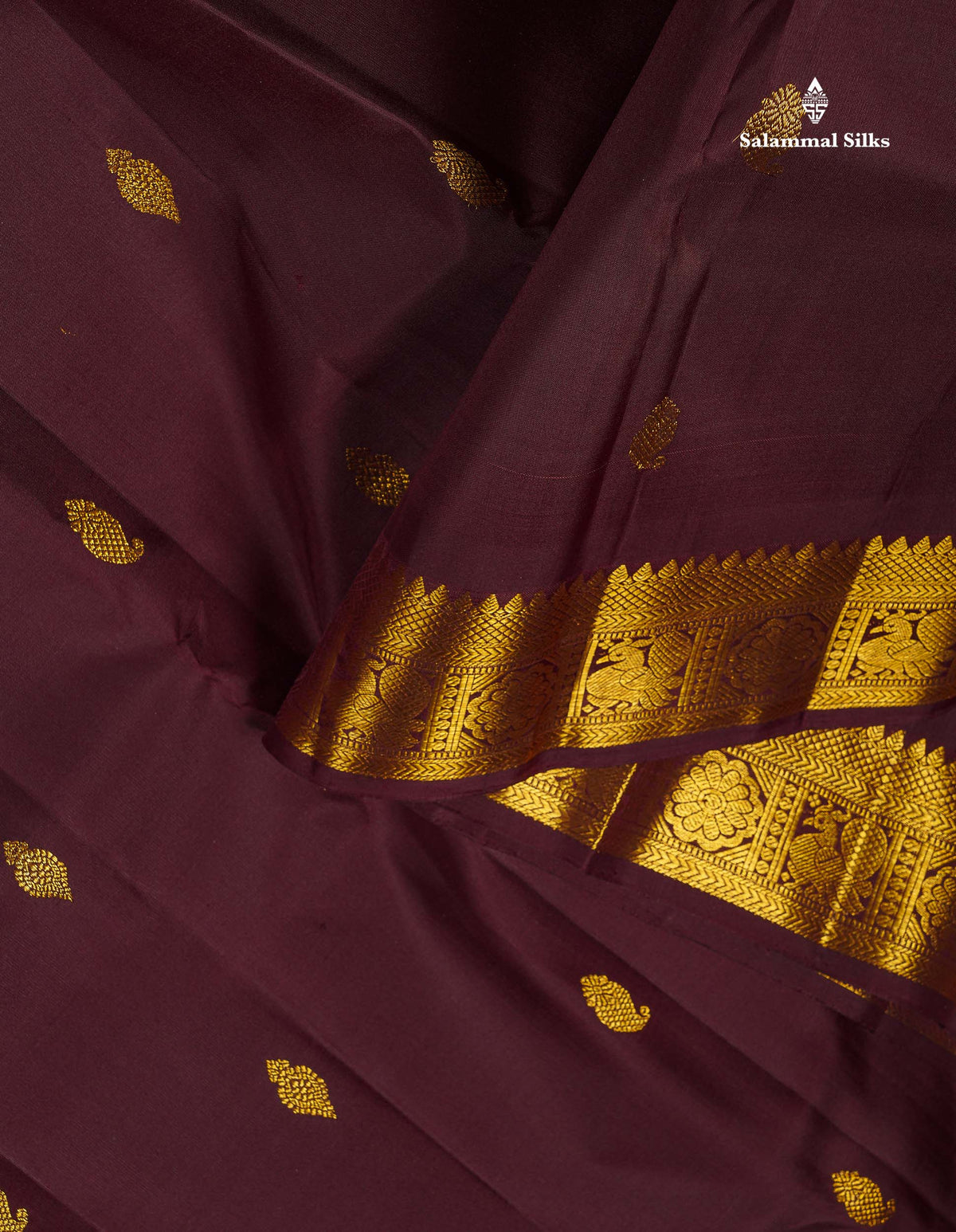 Pure Kanjivaram Silk Saree - Dark Brown Colour Body With Buttas & Traditional Gap Border