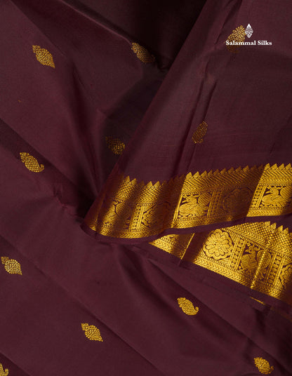 Pure Kanjivaram Silk Saree - Dark Brown Colour Body With Buttas & Traditional Gap Border