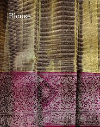 Army Green Tissue Fancy Bridal Pure Kanjivaram Silk Saree With Contrast Magenta Traditional Evening Morning Border