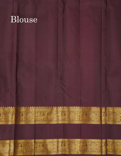 Pure Kanjivaram Silk Saree - Dark Brown Colour Body With Buttas & Traditional Gap Border