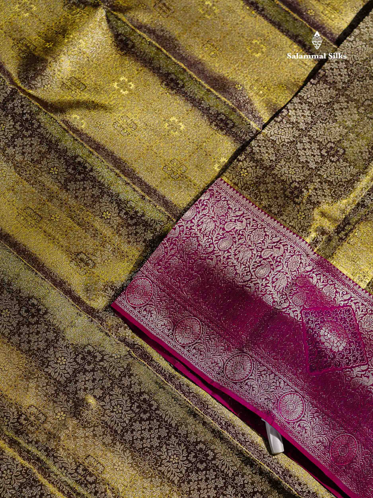Army Green Tissue Fancy Bridal Pure Kanjivaram Silk Saree With Contrast Magenta Traditional Evening Morning Border