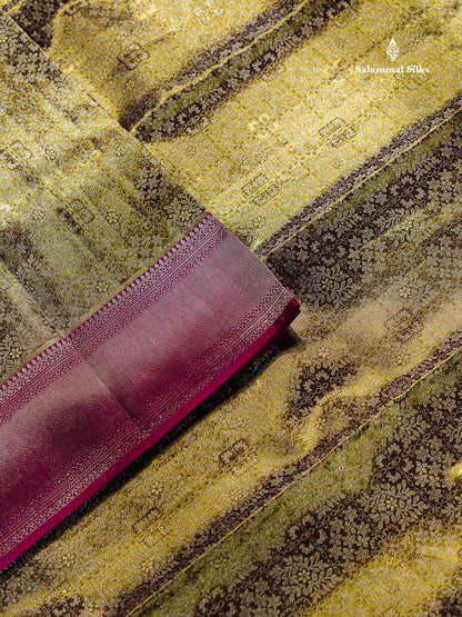 Army Green Tissue Fancy Bridal Pure Kanjivaram Silk Saree With Contrast Magenta Traditional Evening Morning Border