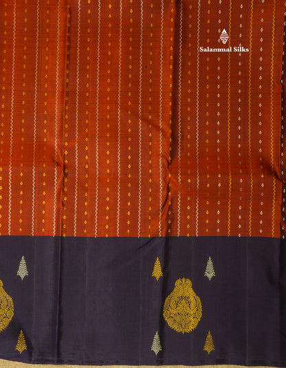Brown Pure Kanjivaram Silk Saree with Contrast Navy Blue Long Border