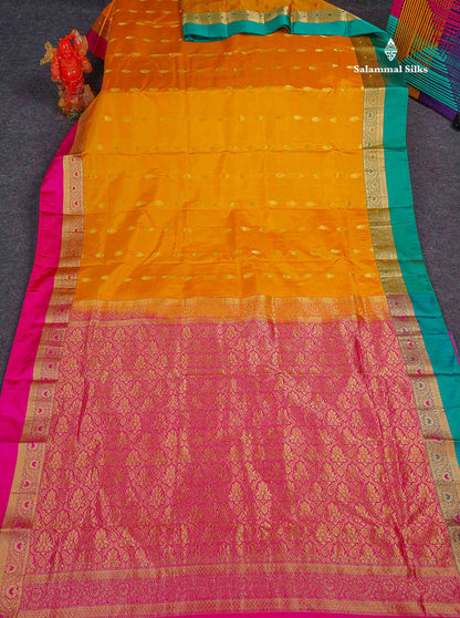 Pure Kanjivaram Silk Saree - Yellow Colour Body With Butta & Ganga Jamuna Border