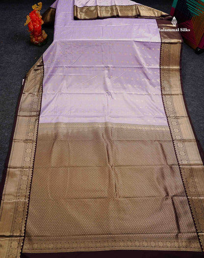 Semi Silk Saree - Mustard Yellow Butta With Vaira Oosi Lines Along With Contrast Dark Brown Traditional Border