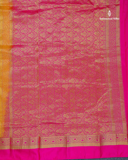Pure Kanjivaram Silk Saree - Yellow Colour Body With Butta & Ganga Jamuna Border