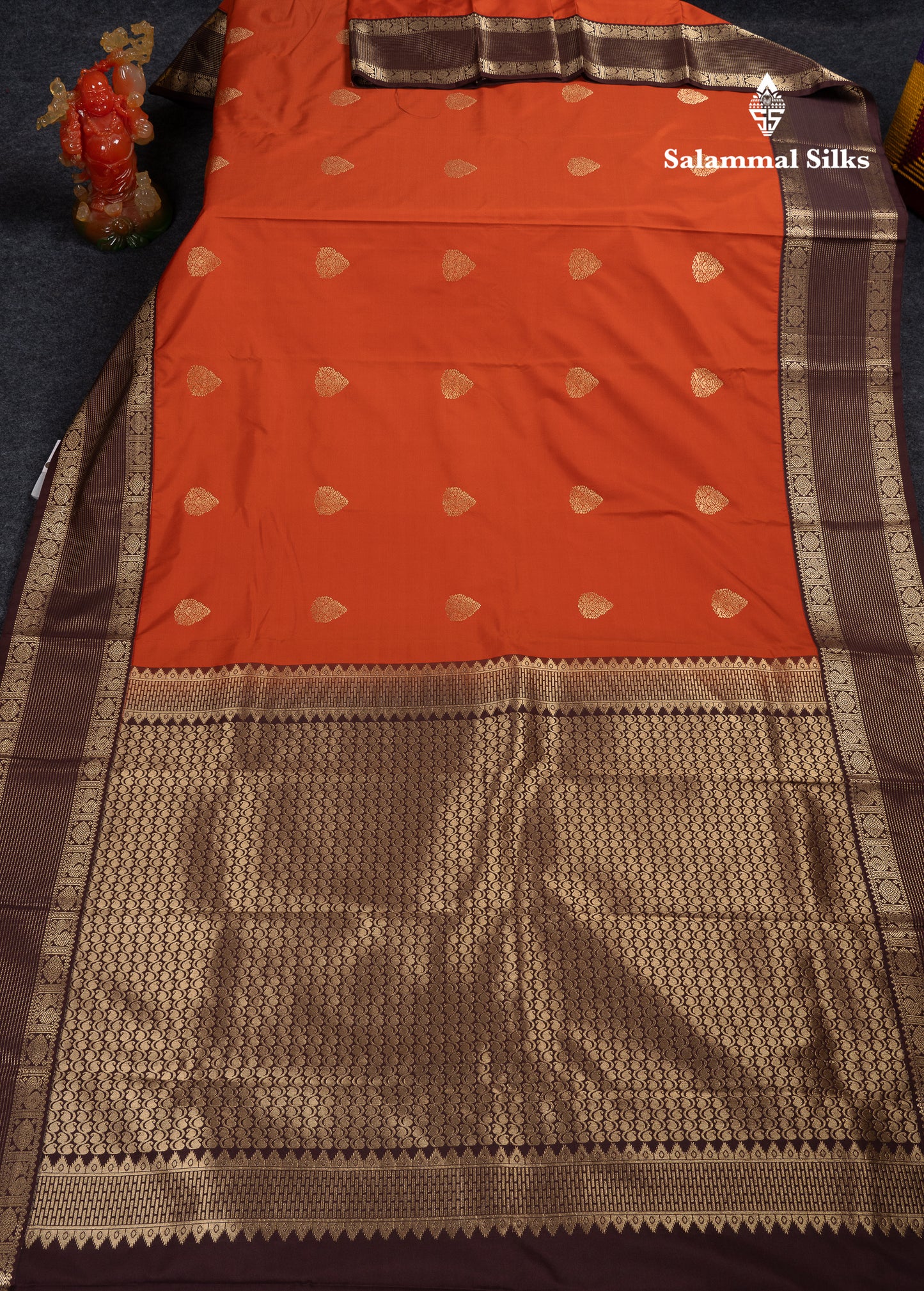 Beautiful Rust Orange Semi Silk Saree With Contrast Dark Brown Traditional Border