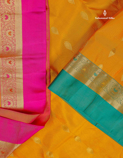 Pure Kanjivaram Silk Saree - Yellow Colour Body With Butta & Ganga Jamuna Border