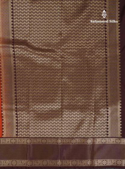 Beautiful Rust Orange Semi Silk Saree With Contrast Dark Brown Traditional Border