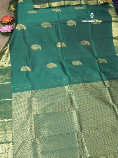 Peacock Green Pure Kanjivaram Silk Saree with Traditional Gold Zari Border