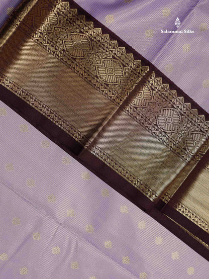 Semi Silk Saree - Mustard Yellow Butta With Vaira Oosi Lines Along With Contrast Dark Brown Traditional Border