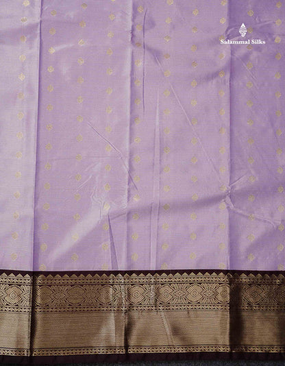 Semi Silk Saree - Mustard Yellow Butta With Vaira Oosi Lines Along With Contrast Dark Brown Traditional Border