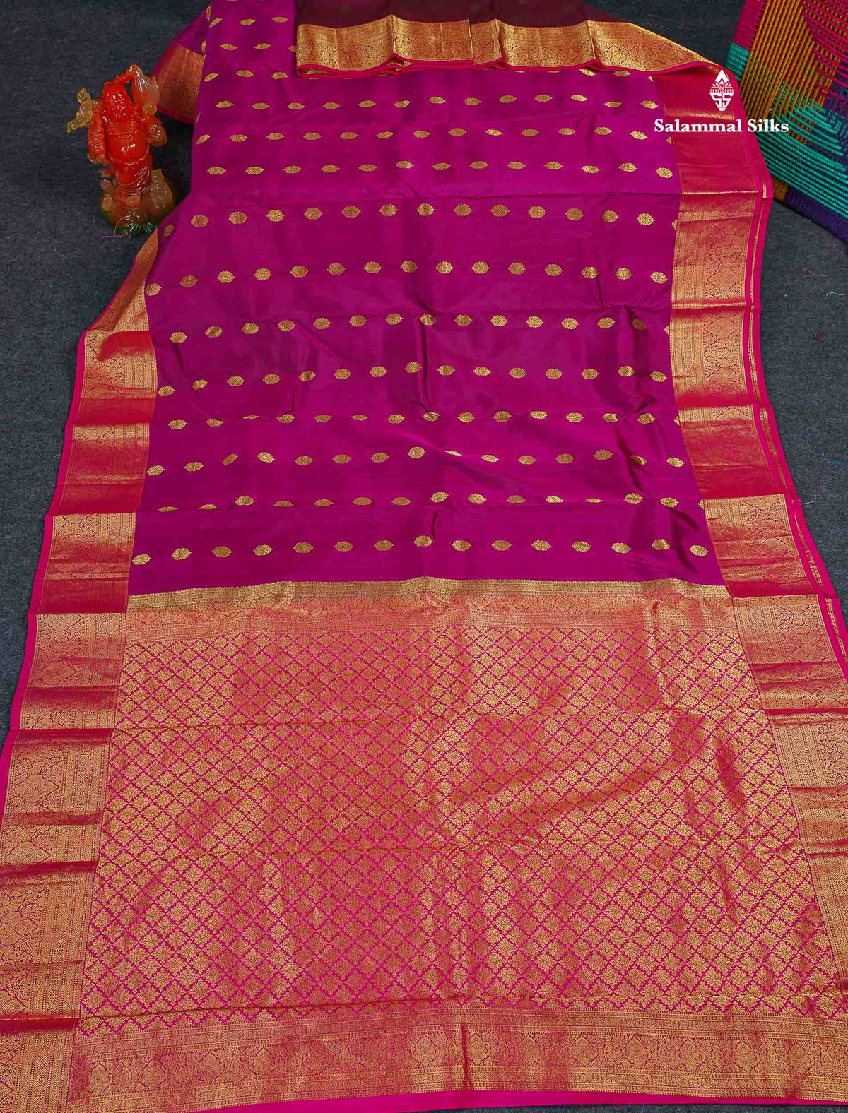 Pure Kanjivaram Silk Saree - Magenta Colour Body With Butta & Contrast Pink Border 