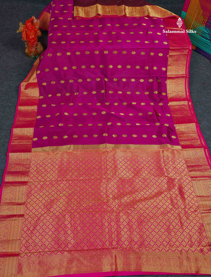 Pure Kanjivaram Silk Saree - Magenta Colour Body With Butta & Contrast Pink Border 