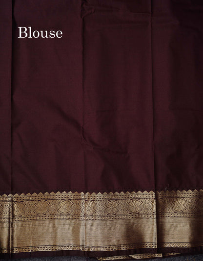 Semi Silk Saree - Mustard Yellow Butta With Vaira Oosi Lines Along With Contrast Dark Brown Traditional Border