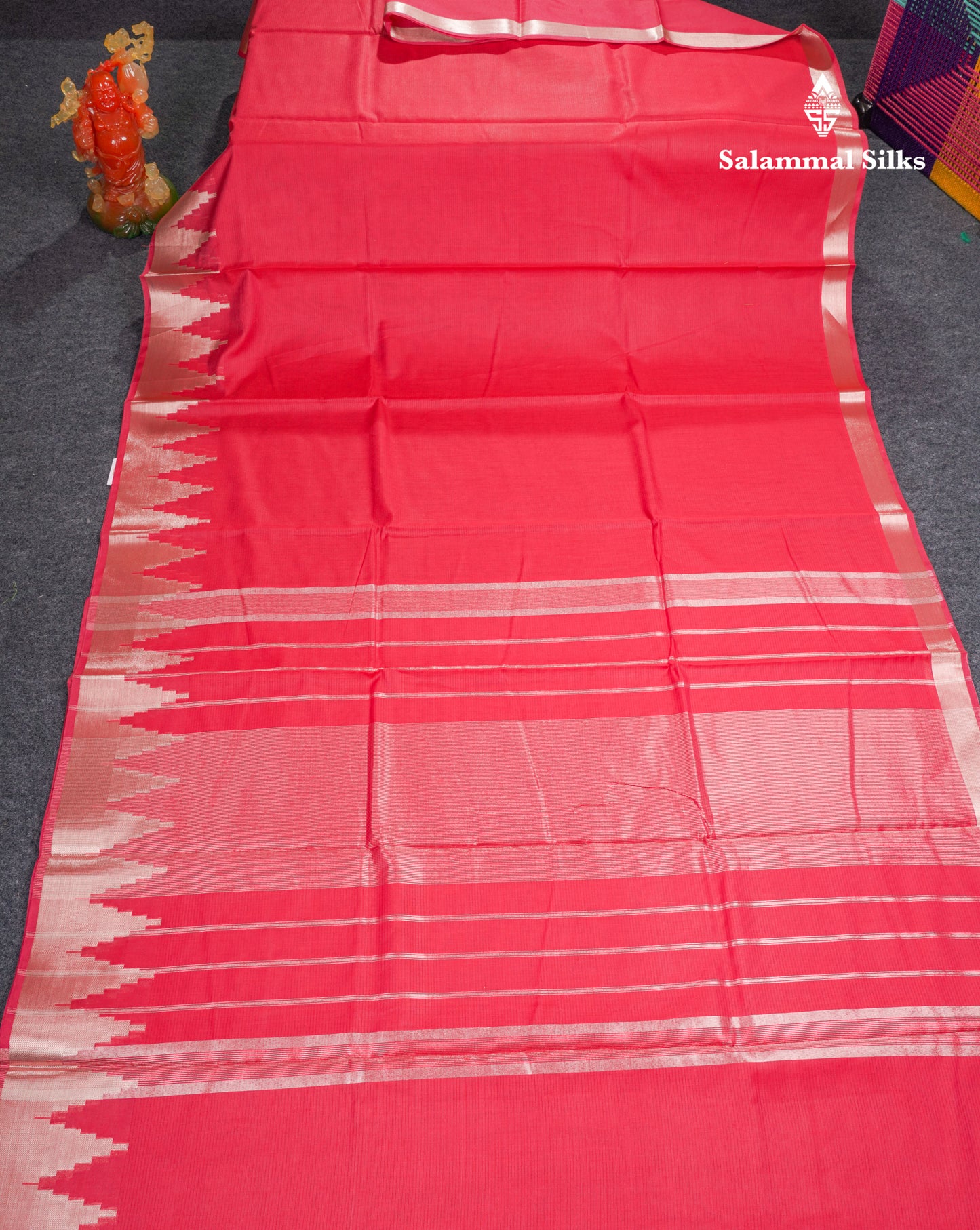 Reddish Pink Beautiful Horizontal Lines Cotton Mix Fancy Saree With Silver Zari Temple Border
