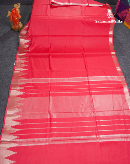 Reddish Pink Beautiful Horizontal Lines Cotton Mix Fancy Saree With Silver Zari Temple Border