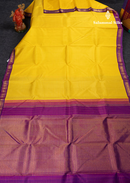 Beautiful Korvai Yellow Pure Kanjivaram Silk Saree With Contrast Small Vadamalli Traditional Border