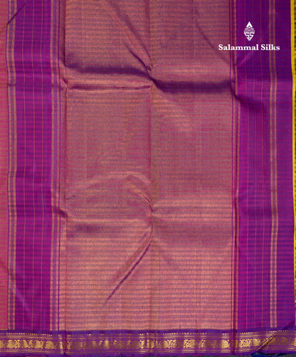 Beautiful Korvai Yellow Pure Kanjivaram Silk Saree With Contrast Small Vadamalli Traditional Border