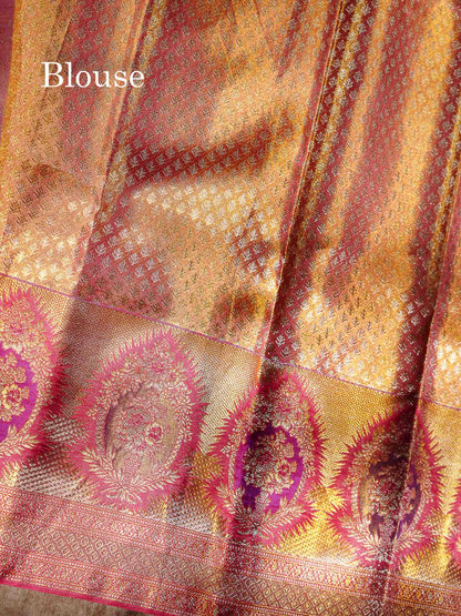 Beautiful Orange Tissue Bridal Pure Kanjivaram Silk Saree With Traditional Evening Morning Border