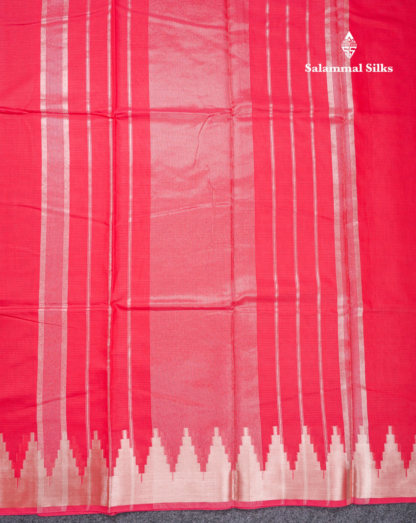 Reddish Pink Beautiful Horizontal Lines Cotton Mix Fancy Saree With Silver Zari Temple Border