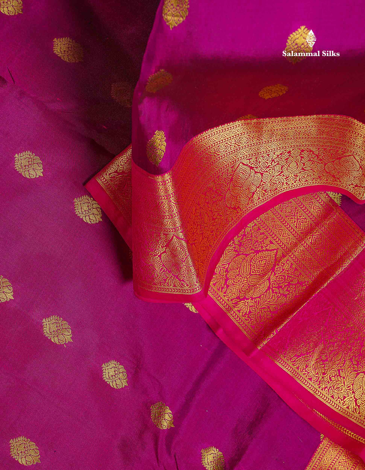 Pure Kanjivaram Silk Saree - Magenta Colour Body With Butta & Contrast Pink Border