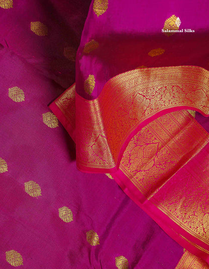 Pure Kanjivaram Silk Saree - Magenta Colour Body With Butta & Contrast Pink Border