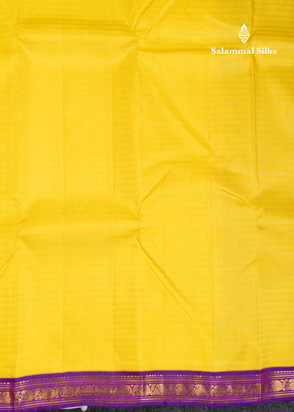 Beautiful Korvai Yellow Pure Kanjivaram Silk Saree With Contrast Small Vadamalli Traditional Border