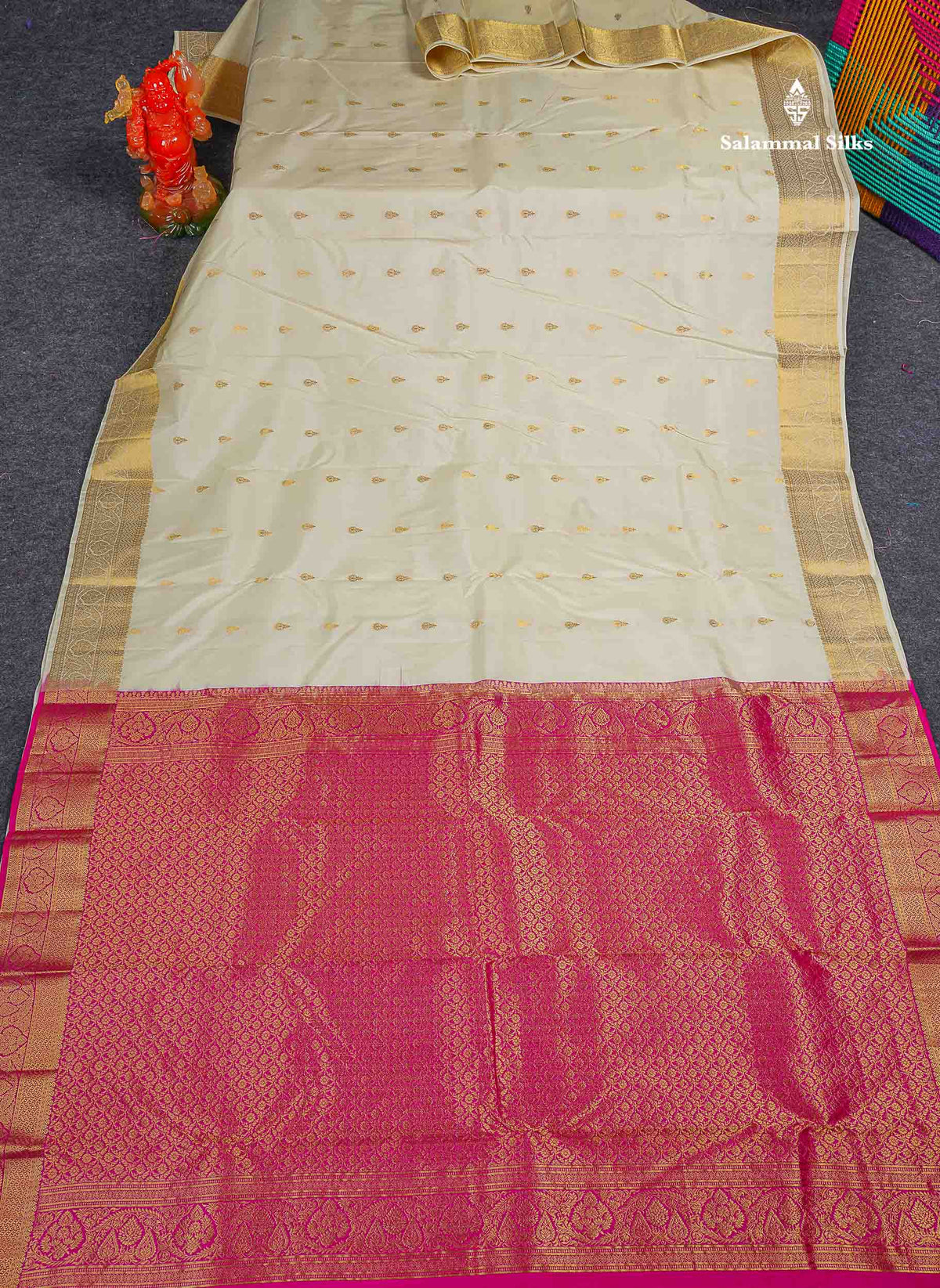 Pure Kanjivaram Silk Saree - Half White Colour Body With Zari Butta & Contrast Pink Blouse