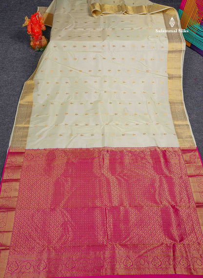 Pure Kanjivaram Silk Saree - Half White Colour Body With Zari Butta & Contrast Pink Blouse