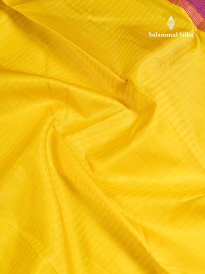 Beautiful Korvai Yellow Pure Kanjivaram Silk Saree With Contrast Small Vadamalli Traditional Border