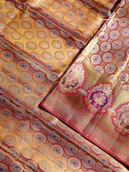 Beautiful Orange Tissue Bridal Pure Kanjivaram Silk Saree With Traditional Evening Morning Border
