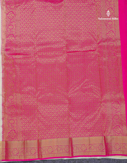 Pure Kanjivaram Silk Saree - Half White Colour Body With Zari Butta & Contrast Pink Blouse