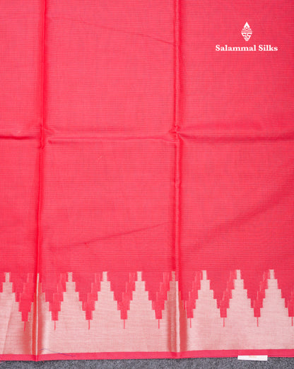 Reddish Pink Beautiful Horizontal Lines Cotton Mix Fancy Saree With Silver Zari Temple Border
